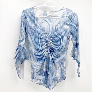 Retro Y2K marbled semi sheer adjustable top flowy sleeves form fitting sz S